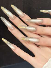 10PCS Long Stiletto Handmade Press On Nails For Party And Daily Wear,Light Gold Nails,Light Gold Gradient Cross Golden Texture Handmade Press On Nails.Easy To Wear,Summer Nails,Suitable For Girls And Women Festivals Parties And Daily Wear - Champagne - View 4