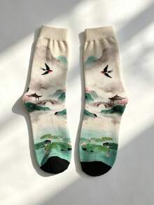 1 Pair Women's & Men's 360° Print AB Socks, Chinese Style Landscape & Swallow Design, Casual Versatile Mid-Calf Socks For Commute And Date - Multicolor - View 7