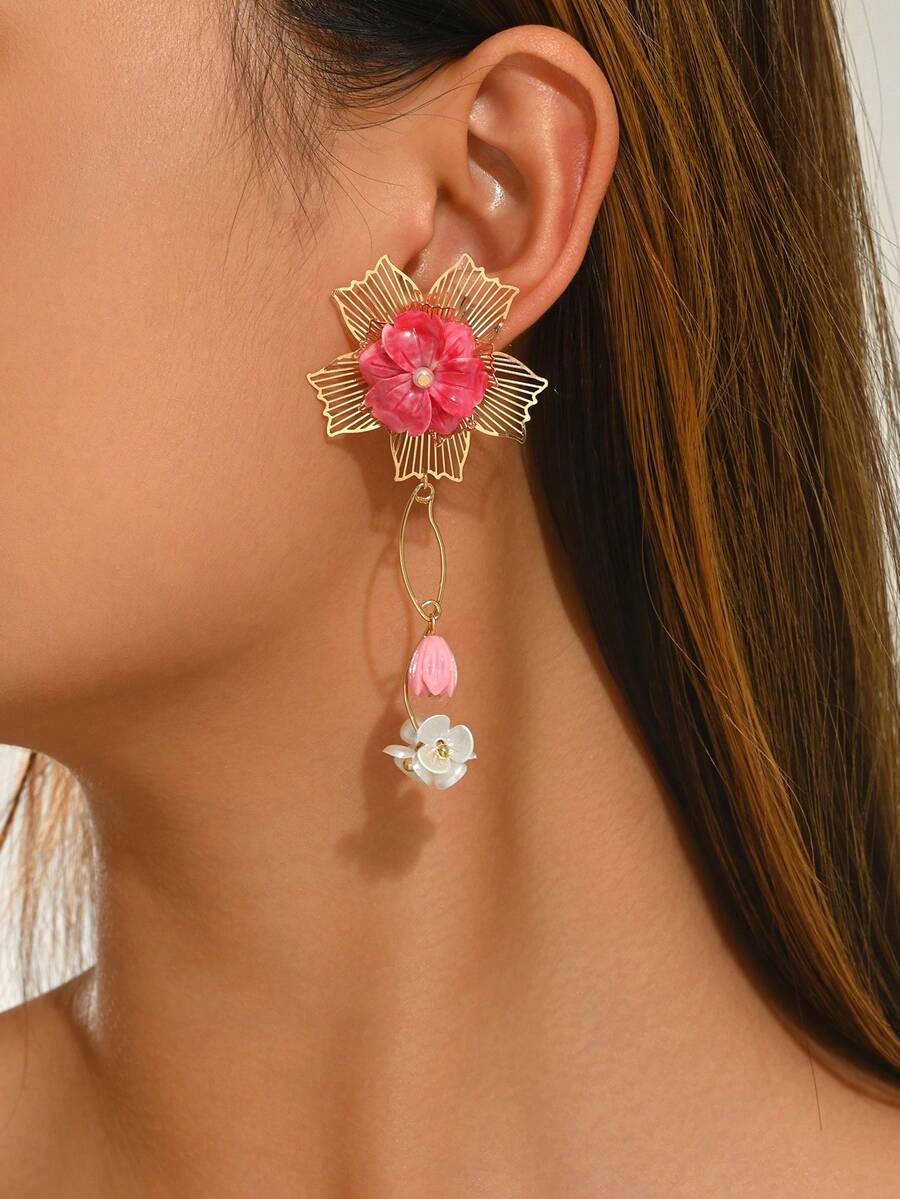 1 Pair Elegant Vintage Exaggerated Sexy Bohemian Petal Flower DIY Handmade Woven Small Stone & Resin Tassel Pendant Earrings, New Lotus And Lake Blue Petal Styles Available, Suitable For Sexy Girls Party Holiday Festival Wear, Valentine's Day Gift, Small Stone Size Shape And Weight Variations Are Normal - Multicolor - View 1