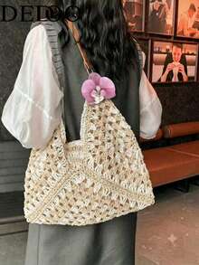 Dedoo Women's Hollow Crochet Straw Tote Shoulder Bag With Palm Tree Pendant, Large Capacity Bohemian Style Casual Summer Beach Bag (Random Pendant Hook) - Beige - View 9