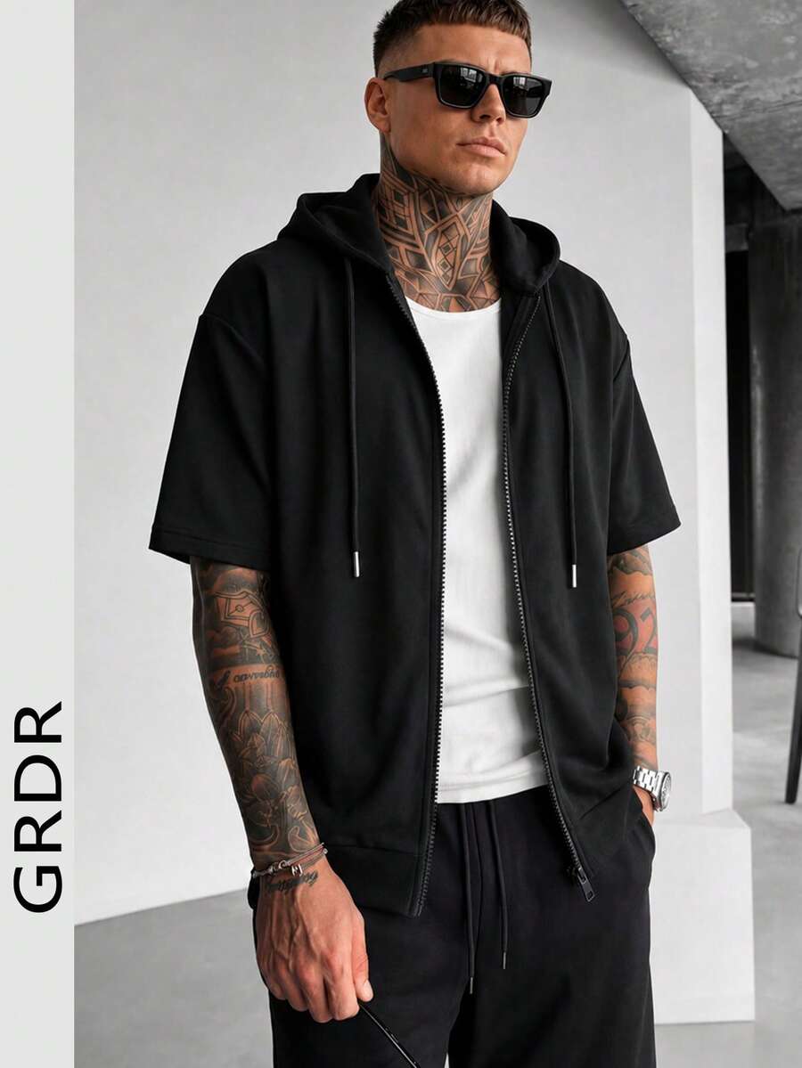 GRDR 男士简约时尚百搭连帽短袖T恤,夏季新品系列 - 黑色 - 查看 1