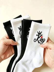 2/4 pares de calcetines de media caña con patrón de corona de rey y reina y corazón, calcetines clásicos versátiles en blanco y negro para parejas, calcetines de regalo para aniversario/Día de San Valentín - Blanco y Negro - Ver 3