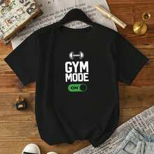 Camiseta informal de punto negra con estampado "GYM MODE ON", manga corta y cuello redondo para mujer, ligeramente elástica. - Negro - Ver 2