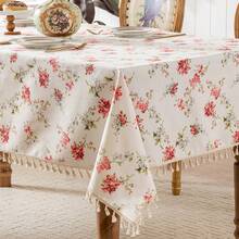 1pc Watercolor Rose & Wildflower Print Tassel Rectangular Tablecloth, Fresh Farmhouse Style Washable Dining Tablecloth, Suitable For Kitchen, Picnic, Dinner Party, Wedding, Indoor/Outdoor Use - Blue and White - View 13