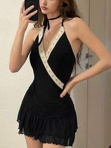 Vestido elegante sin mangas de encaje y malla en contraste con cuello halter, estilo boho country occidental para el verano - Negro - Ver 2