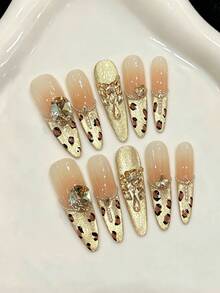 10 piezas de uñas postizas largas de estilo stiletto hechas a mano para fiestas y uso diario, uñas doradas, uñas postizas con efecto ojo de gato, strass, estampado francés y de leopardo, uñas de verano. Fáciles de usar, uñas de verano, adecuadas para niñas y mujeres en festivales, fiestas y uso diario - Dorado - Ver 9