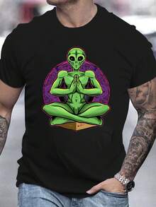 Herren Oversized T-Shirt aus reiner Baumwolle mit Kurzarm, Alien-Meditations-Grafikdruck, lässiges Streetwear-Oberteil - Schwarz - Übersicht 1