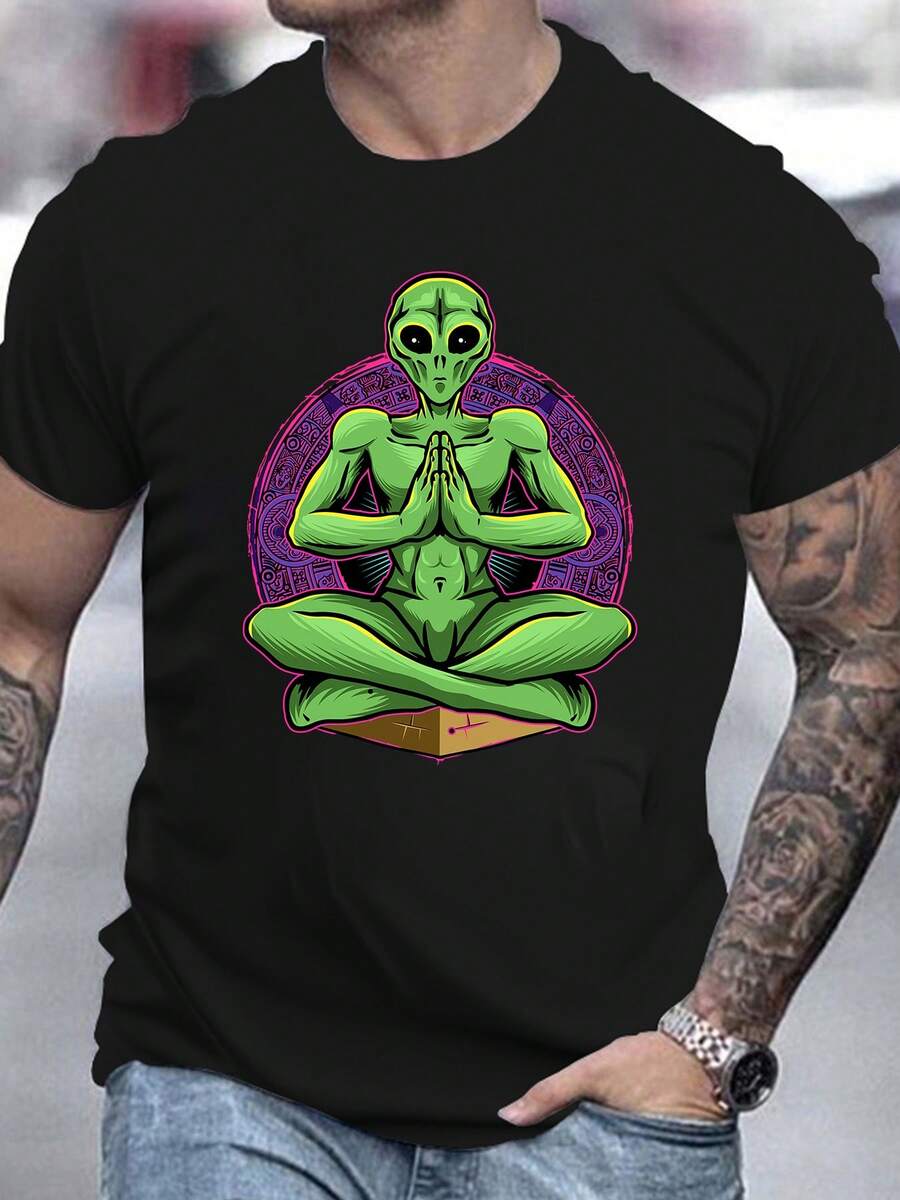 Herren Oversized T-Shirt aus reiner Baumwolle mit Kurzarm, Alien-Meditations-Grafikdruck, lässiges Streetwear-Oberteil - Schwarz - Übersicht 1