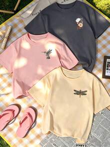3pcs-Women's New Minimalist Pattern Casual Vacation Style Loose Versatile Round Neck Short Sleeve T-Shirt, Fashionable Daily Top. Summer - Multicolor - View 9