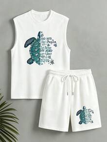 Men's Summer Round Neck Casual Tank Top And Shorts Set - White - View 5