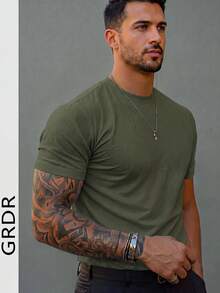 GRDR Men's Fashionable Solid Color Basic Short Sleeve T-Shirt, Casual - Army Green - View 1