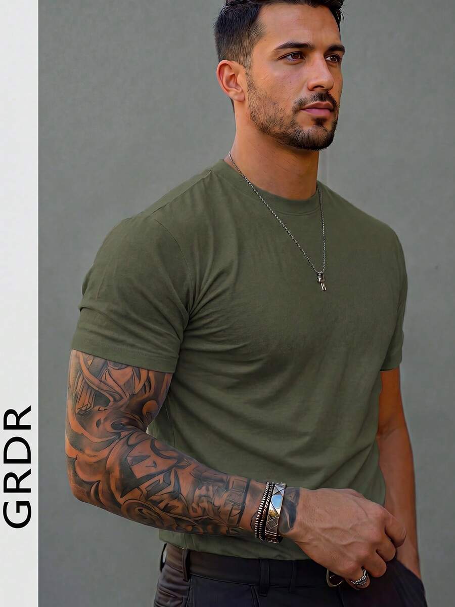 GRDR Men's Fashionable Solid Color Basic Short Sleeve T-Shirt, Casual - Army Green - View 1