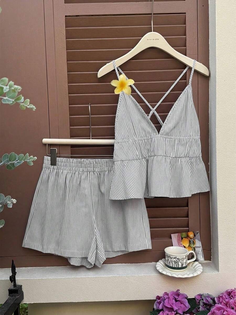 Women's Casual Blue Knitted Camisole And Shorts Set, Brand - 淺灰色 - 查看 1