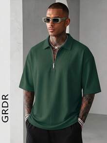 GRDR 男士夏季半拉鍊 Polo 短袖 T 恤，純色經典款，適合戶外休閒穿著 - 墨綠色 - 查看 4