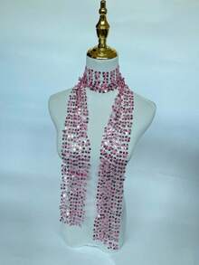 1pc Bohemian Style Gold Sequin Tassel Scarf, Luxurious Mesh Muslim Women's Evening Headscarf, Shiny Headscarf - 粉色 - 查看 9