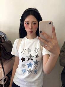 Y2K復古星星印花女款夏季新款休閒寬鬆短袖T恤上衣 白色 - 白色 - 查看 2