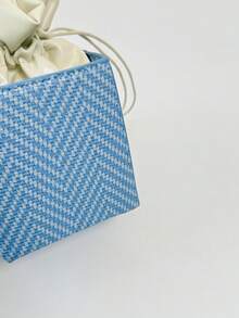 1pc Mini Pearl Chain Decor V-Neck Print PU Portable Drawstring Fashion Crossbody Bag Suitable For Women's Daily Use - Blue - View 10