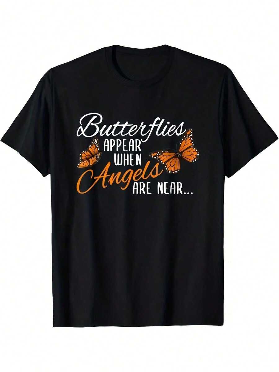 Vibrant Monarch Butterfly Print, Lightweight And Breathable, Short Sleeve, Round Neck, Casual T-Shirt For Everyday Wear, Outdoor Sports, Spring/Summer/Autumn, Sizes XL - 5XL - 黑色 24 - 查看 1