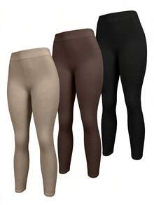 3pcs Women's Ribbed Seamless Leggings, Non-See-Through High Waist Tummy Control Yoga Pants Fall - Multicolor - View 4