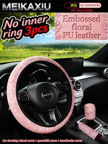 MEIKAXIU 3pcs Set 3D Embossed Floral PU Leather Car Steering Wheel Cover, Handbrake Cover, Gear Shift Cover, Manual Transmission Car Interior Accessories For Women - 3D Carved PU Leather - View 10