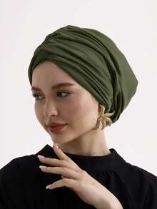 1pc Women's Classic Solid Color Chemo Turban Hat, High Elasticity, Pleated Design, Anti-Slip, Breathable, Multi-Layer Pleats For Fuller Look, Perfect For Hijab Wear, Soft & Skin-Friendly Modal Knit Fabric, Suitable For Daily Wear For Dress - Coffee Brown - View 38