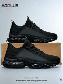 AoPlus Men Full Black Air Cushion Running Shoes Breathable Knit Sneakers Shock Absorbing Hollow Non-Slip Athletic Walking Trainers - 黑色 - 查看 5