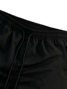 Drawstring Elastic Waist Big Pocket Mid-Length Cargo Shorts, Suitable For Daily Wear And Sports, Black - Black - View 4