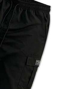 Drawstring Elastic Waist Big Pocket Mid-Length Cargo Shorts, Suitable For Daily Wear And Sports, Black - Black - View 5