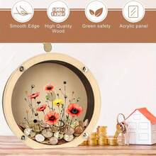 1pc Transparent Acrylic Window Wooden Coin Deposit Box, Floral Design Cash & Coin Storage Box, Unique Desktop Decor Craft, Suitable As Birthday Gift For Friends And Family, Storage Box For Organizing, No Electricity Required - A - View 6