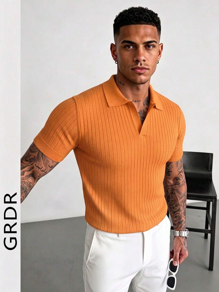 GRDR Men's Summer Knit Sweater, Collared Solid Color Short Sleeve, Suitable For Summer Outings, Fashion Essential