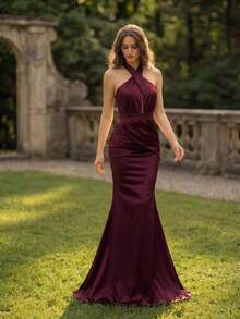 Coutiva Vestido de noche formal de mujer con unicolor, cruce hueco, cuello halter, plisado, ajustado y con bajo de cola de pez - Verde Oscuro - Ver 5