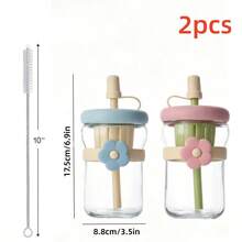 4/2/1pc Set Cute Macaron Glass Straw Portable Cup, 500ml Fashionable On-The-Go Straw Cup, Cold Brew Coffee Cup, With Lid, Straw And Straw Brush, 17oz/500ml Capacity, Double Set, Suitable For Home Or Office Use. - Multicolor - View 7