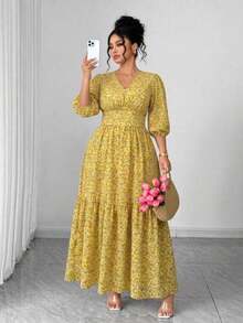 Vestido de manga corta con estampado floral, ligero, elegante y casual para uso diario y vacaciones, para mujer de talla grande, primavera/ve - amarillo ganso - Ver 1