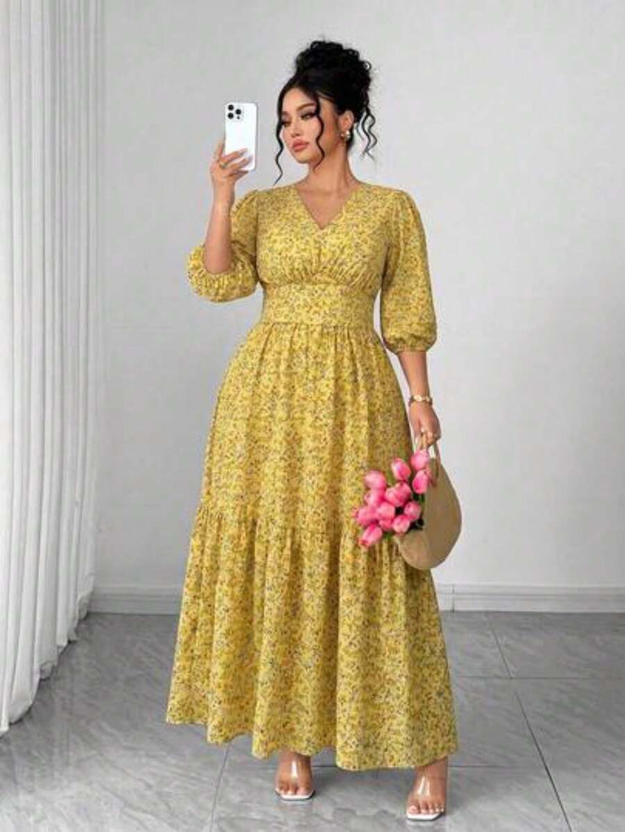 Vestido de manga corta con estampado floral, ligero, elegante y casual para uso diario y vacaciones, para mujer de talla grande, primavera/ve - amarillo ganso - Ver 1