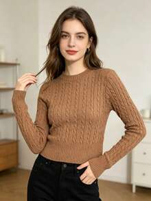 Light 's Cropped Sweater With Braids, Long Sleeves, Round Neck And Ribbed Trim, Ideal For Autumn And Winter. - Khaki - View 3