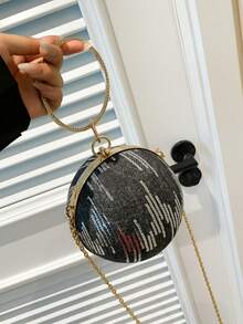 Round Ball Clutch Bag, Sequin Wave Pattern, Rhinestone Round Handle, Detachable Chain Shoulder Strap, Crossbody & Hand-Carry, Suitable For Women's Party, Ball, Wedding, Summer - Black - View 5