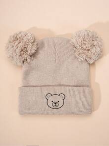 3pcs/1pc Embroidered Round Face Bear Kids Double Pom Pom Knitted Hat, Ski Warm Baby Boy Girl Unisex Hat, Y2K Style Outdoor Cold-Proof Knitted Beanie, Casual Versatile Winter Warm Hat For Daily Wear, Costume Kids - Knitted Hat - View 11