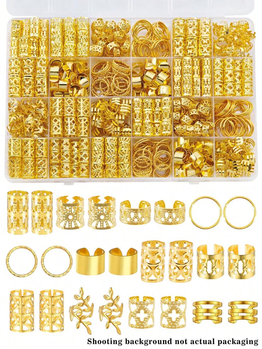 250件組金色髒辮髮環套組，編髮設計髮飾，可調節髮飾，適用於女性與女孩