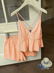 Women's Casual Blue Knitted Camisole And Shorts Set, Brand - 橘色 - 查看 1