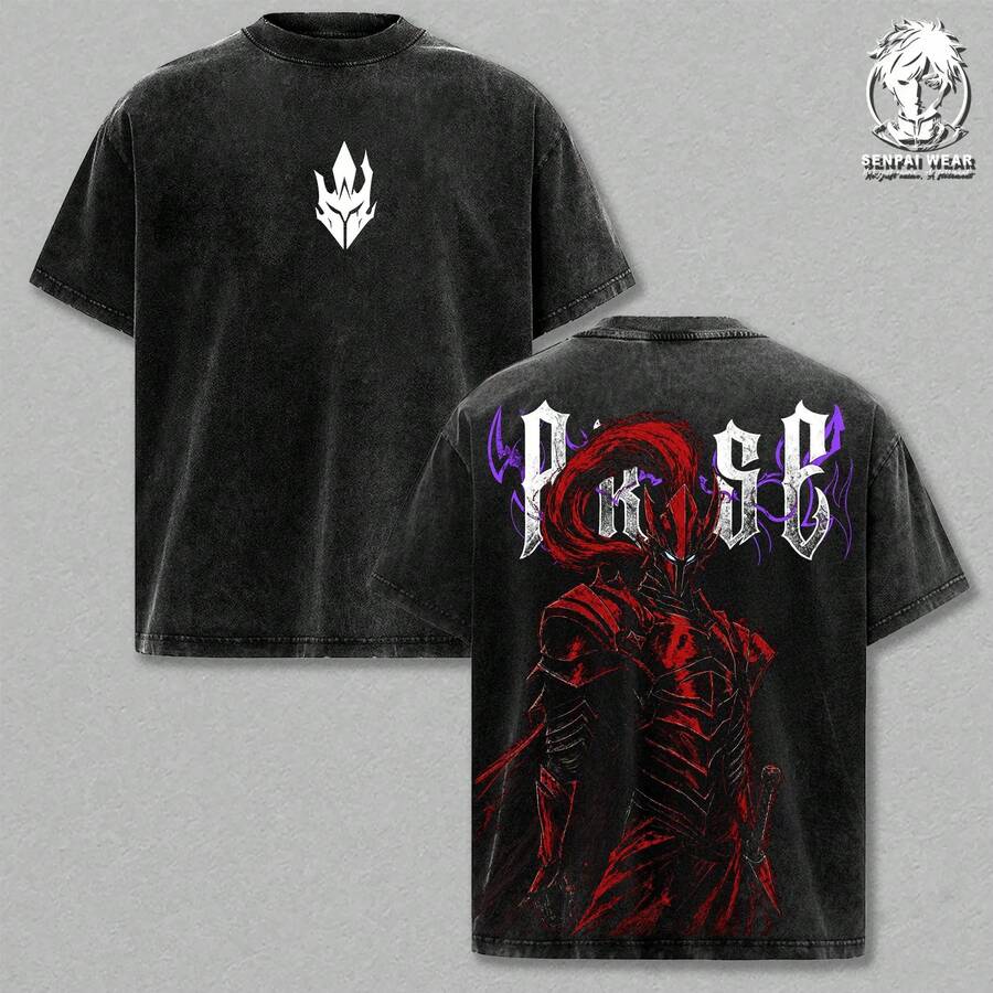 Igris – Solo Leveling Anime Graphic Oversize T-Shirt, Thick Cotton T-Shirt With Acid Wash Effect, Vintage Streetwear, Unisex Casual Wear, Anime Merchandise - 黑色 - 查看 1