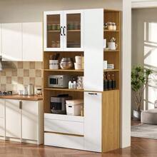 Highboard With Adjustable Shelves And Drawers, Sideboard With Pull-Out Shelves And Ribbed Glass, Ideal For Dining Room, Living Room And Kitchen - White+Natural - 查看 4
