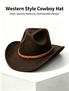 1pc Unisex Western Cowboy Hat, Felt Hat, Riding Hat, Summer Sun Protection Hat, Minimalist And Fashionable. Suitable For Daily Wear, Parties, Outdoor Riding, Western Theme Events, Cosplay, Music Festivals And More. - Brown Braided Hat - View 12