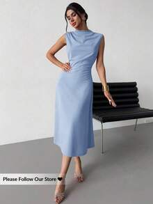 Vestido mini plisado de línea A elegante, minimalista, delicado, romántico y dulce para uso diario, boda, fiesta, festival de música y vacaci - Verde Oscuro - Ver 4