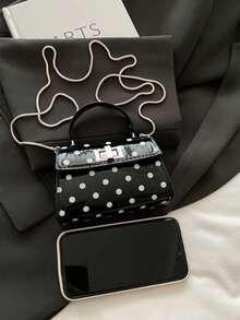Mini Polka Dot Pattern Flap Square Bag, Handbag/Crossbody Bag/Shoulder Bag, Minimalist Casual Solid Color, Portable And Lightweight, Equipped With Adjustable Shoulder Strap, Suitable For Women, New Career Starters And White-Collar Professionals, Also Suitable For Girls And Ladies, Ideal Choice For Office, Work, Business, Commuting - Black - View 10