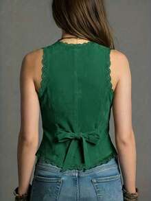 Women's Brown V-Neck Backless Button Front Camisole Top With Lace Trim And Regular Hemline Casual - Dark Green - View 3