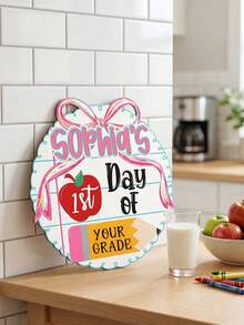 1pc Custom First Day Of School Wooden Sign,Custom Text,Personalized Scalloped Bow Apple Pencil Back To School Photo Prop Plaque,First Day Grade Keepsake Sign For First Day School Picture - Multicolor - View 4