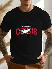 T-shirt à manches courtes col rond en pur coton pour hommes, coupe régulière décontractée, imprimé graphique lettres Hello From Crisis - Noir - Voir 6