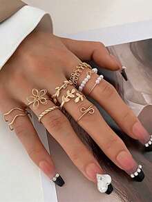 10pcs Set, Women's Fashion Jewelry Ring Set, Mini Fashion Hollow Flower Faux Pearl Wave Leaf Vine Combination Ring Set, Creative Design, Made Of Alloy Material, Suitable For All Seasons, Women's Gift, Suitable For Party, Valentine's Day, Mother's Day And Other Gifts, Also Suitable For Daily Wear, Dating, Vacation, - Multicolor - View 12