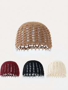 1pc Handmade Bohemian Style Literary Thin Breathable Knitted Hollow Out Beaded Beanie Hat For Women - Multicolor - View 1