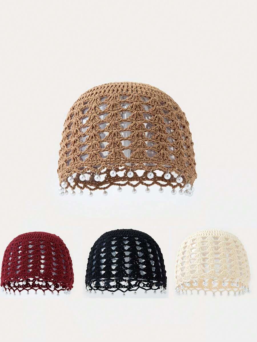 1pc Handmade Bohemian Style Literary Thin Breathable Knitted Hollow Out Beaded Beanie Hat For Women - Multicolor - View 1